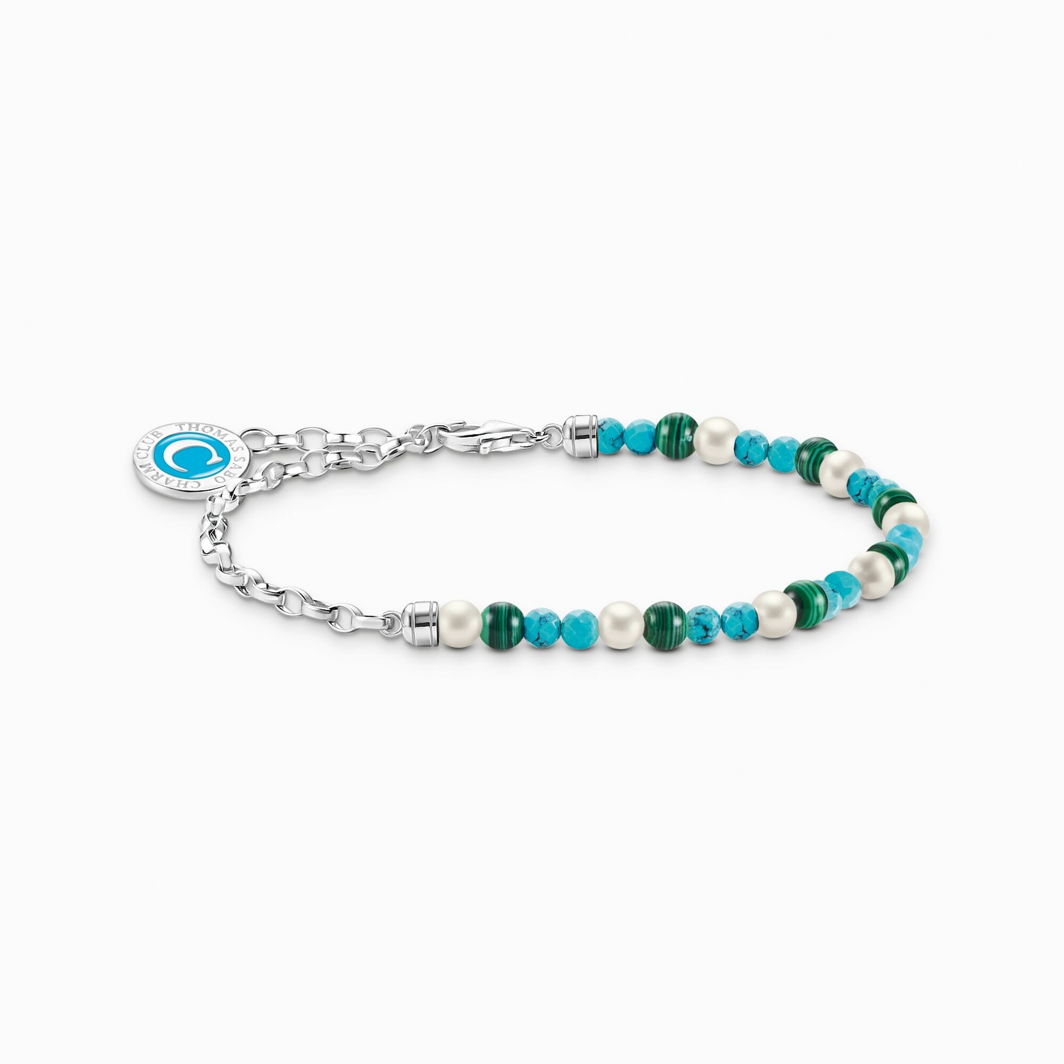 THOMAS SABO Silver Member Charm Bracelet with White Pearls, Malachite and Charmista Disc A2130 158 | THOMAS SABO Silver Member Charm Bracelet with White Pearls, Malachite and Charmista Disc